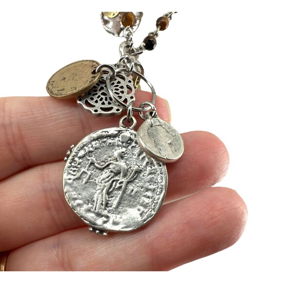 J. Jill Layered Coin Charm Necklace Silver Tone Beaded Medallion Statement NWT - Picture 8 of 11